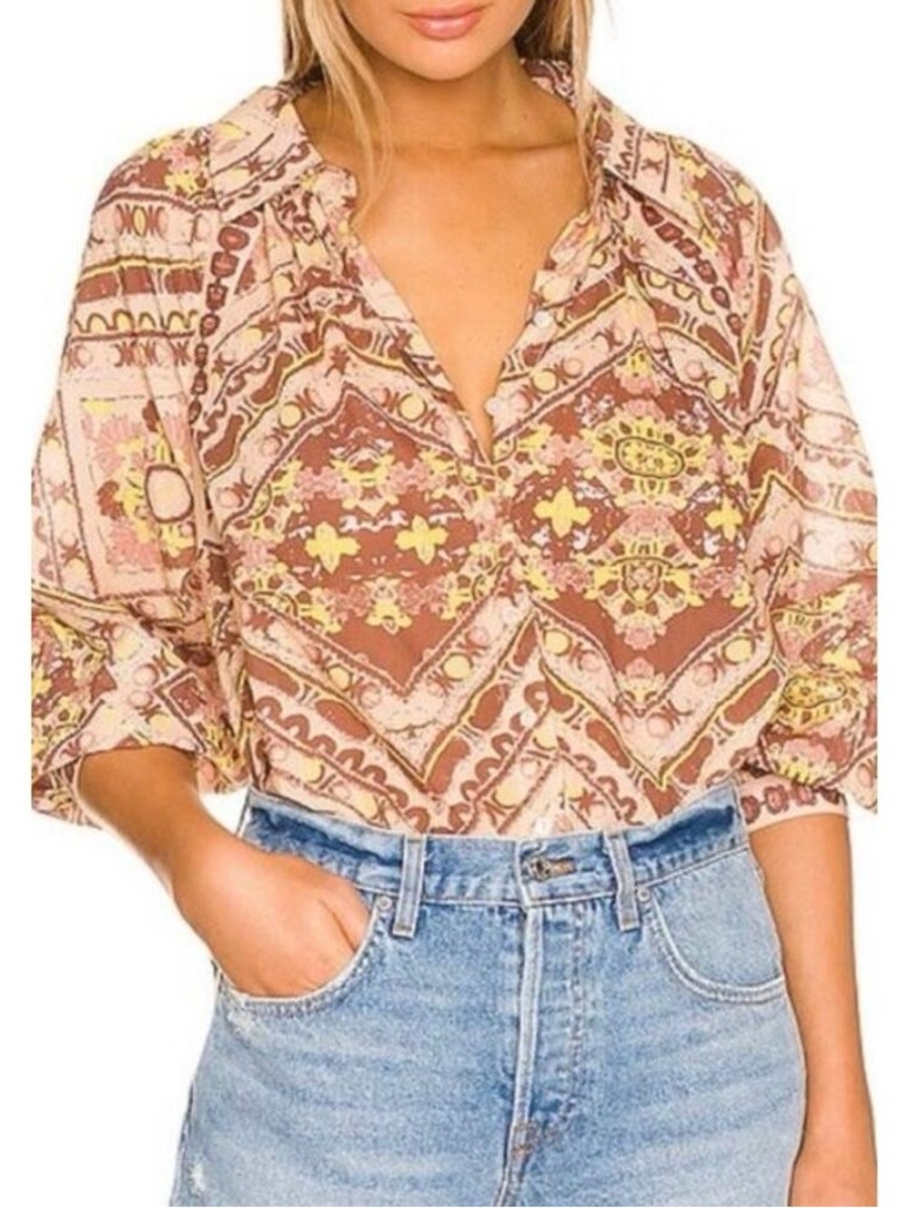 Cleobella Brown Pink Yellow Printed Button-Down Shirt